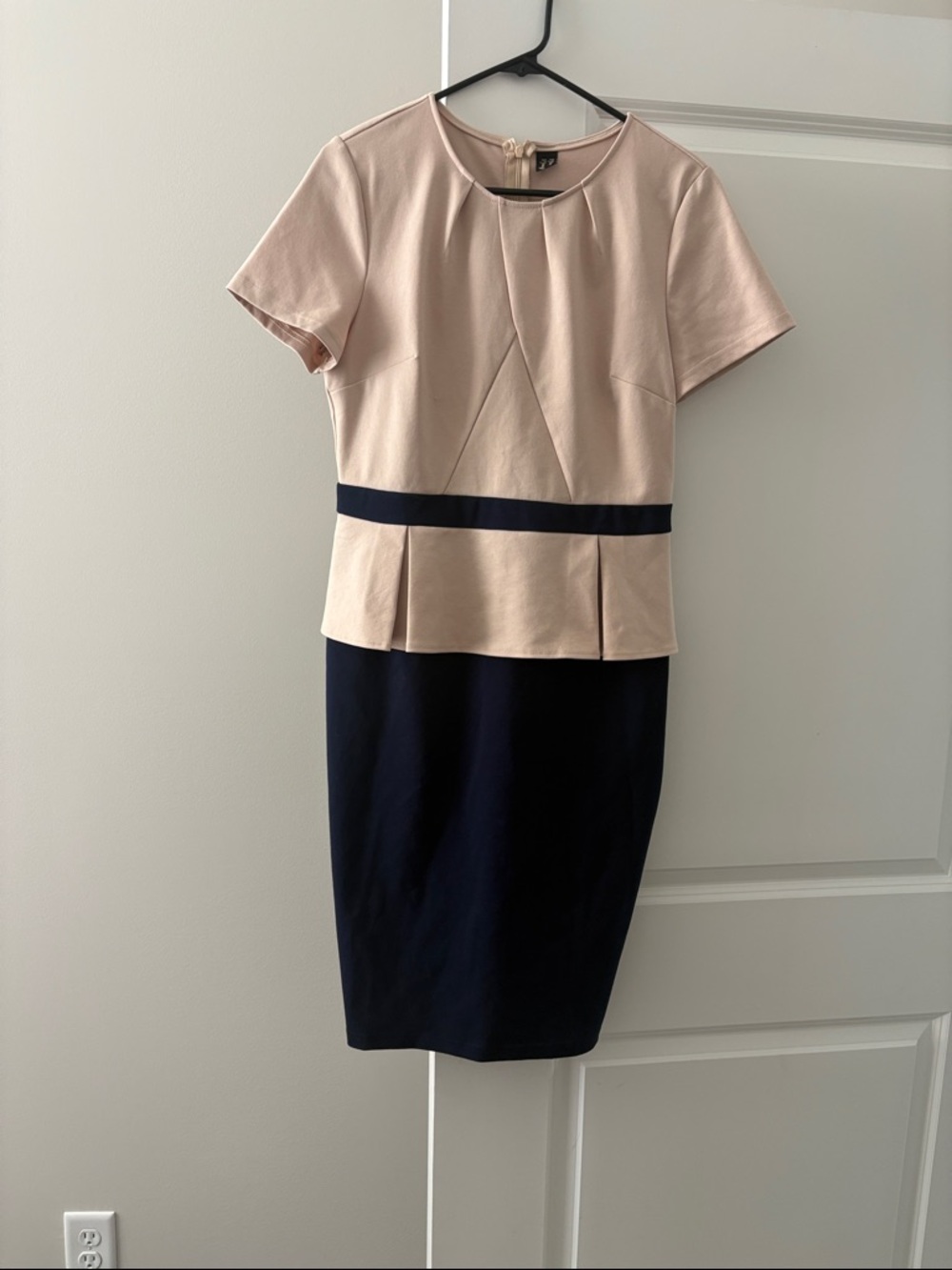 Amazon Essentials Beige and Navy Two-Tone Midi Sheath Dress